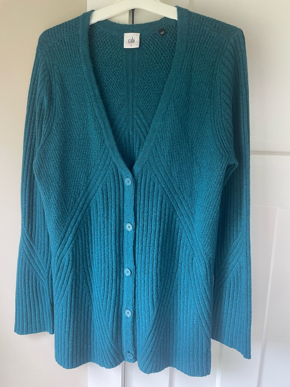 CAbi Teal Ribbed V-Neck Button-Up Cardigan